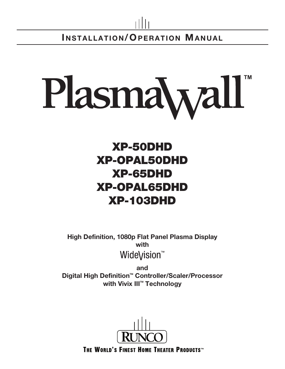 Runco PLASMAWALL XP-OPAL65DHD User Manual | 96 pages