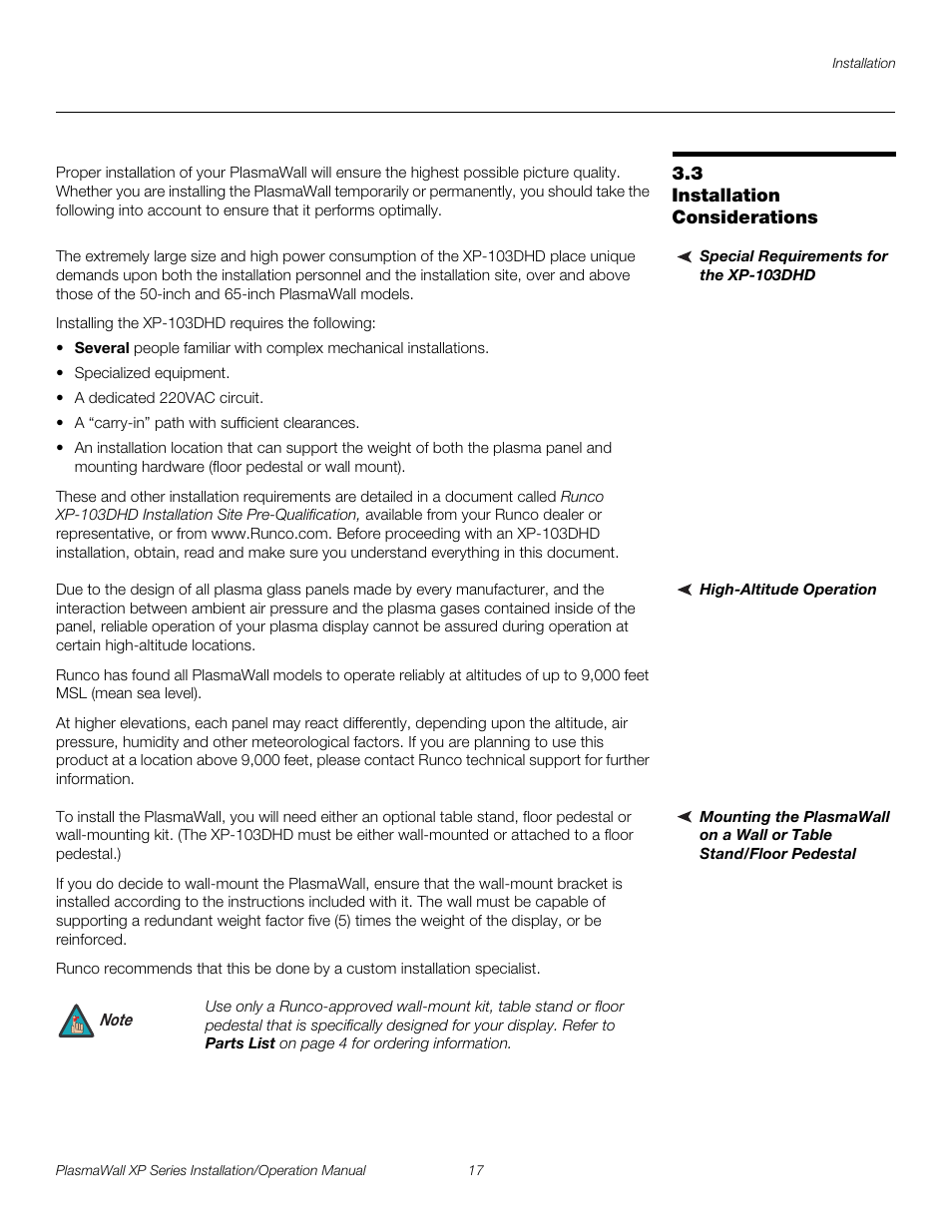 3 installation considerations, Special requirements for the xp-103dhd, High-altitude operation | Installation considerations, Pre l iminar y | Runco PLASMAWALL XP-OPAL65DHD User Manual | Page 33 / 96