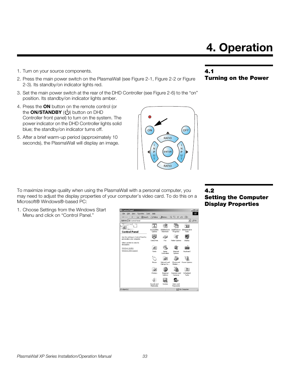 Operation, 1 turning on the power, 2 setting the computer display properties | Iminar, Turning on the power, Setting the computer display properties, Pre l iminar y | Runco PLASMAWALL XP-OPAL65DHD User Manual | Page 49 / 96