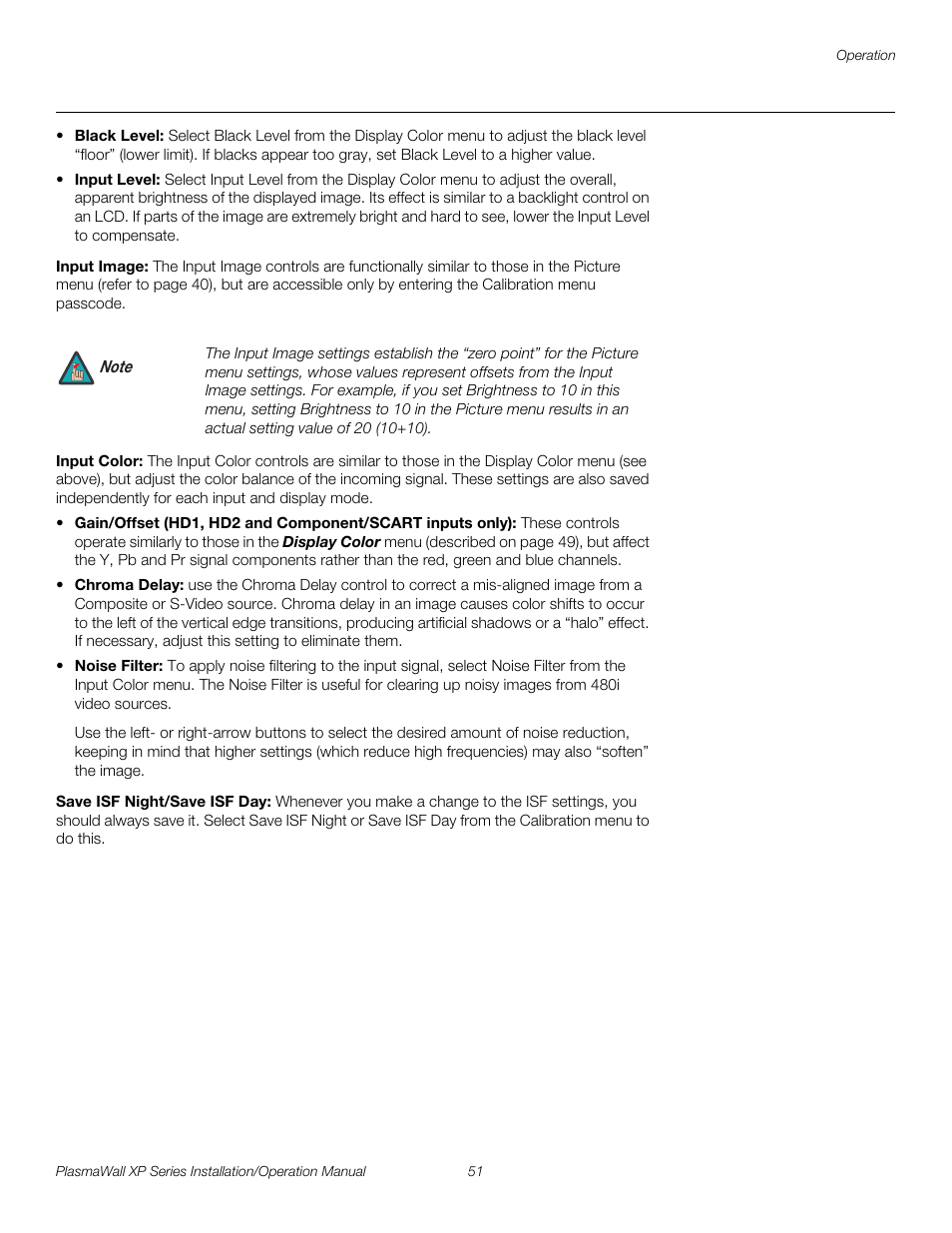 Input image, Input color, Save isf night/save isf day | Pre l iminar y | Runco PLASMAWALL XP-OPAL65DHD User Manual | Page 67 / 96