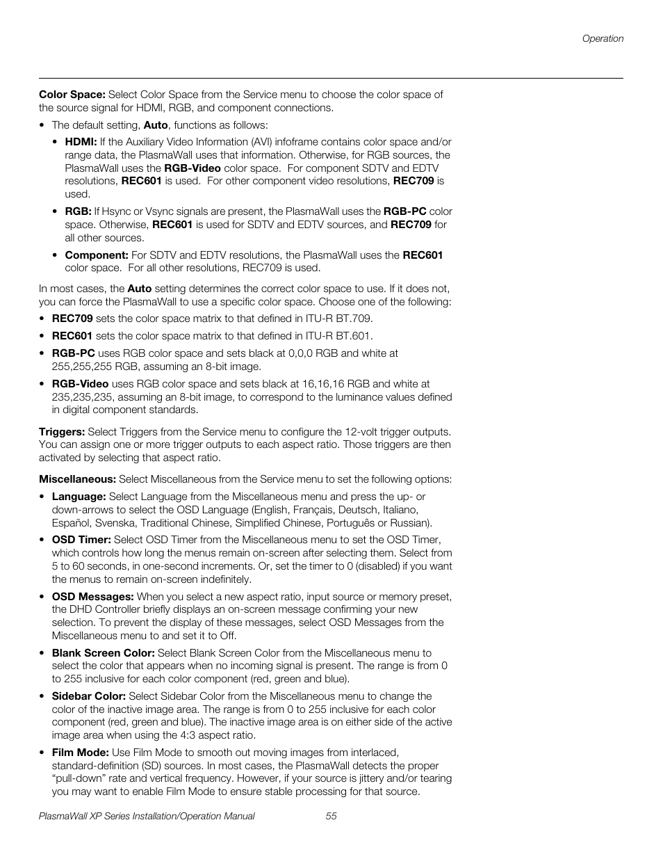 Color space, Triggers, Miscellaneous | Pre l iminar y | Runco PLASMAWALL XP-OPAL65DHD User Manual | Page 71 / 96
