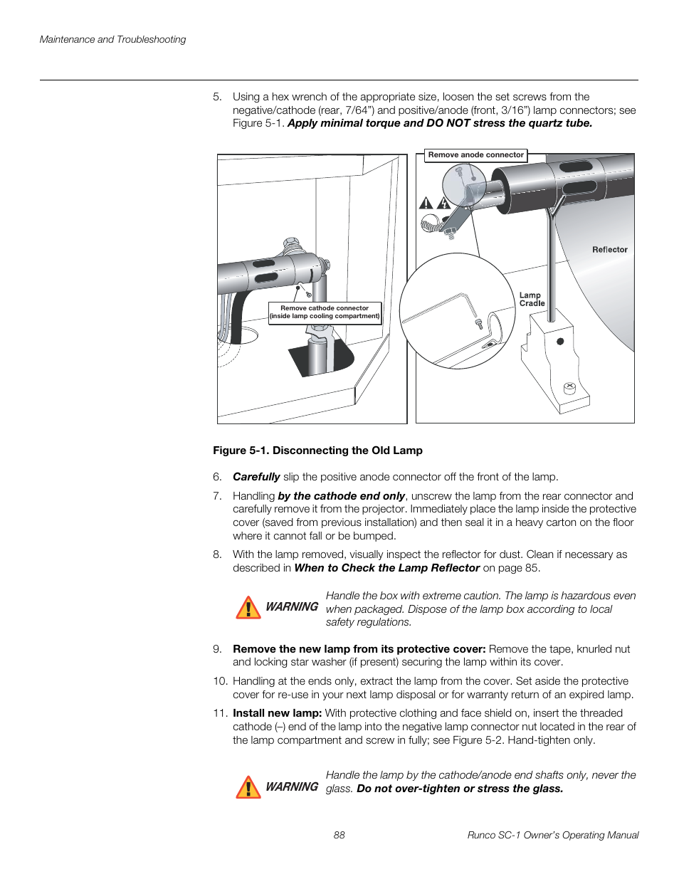 Figure 5-1 . disconnecting the old lamp, 1. disconnecting the old lamp, Pre l iminar y | Runco SC-1 User Manual | Page 100 / 122