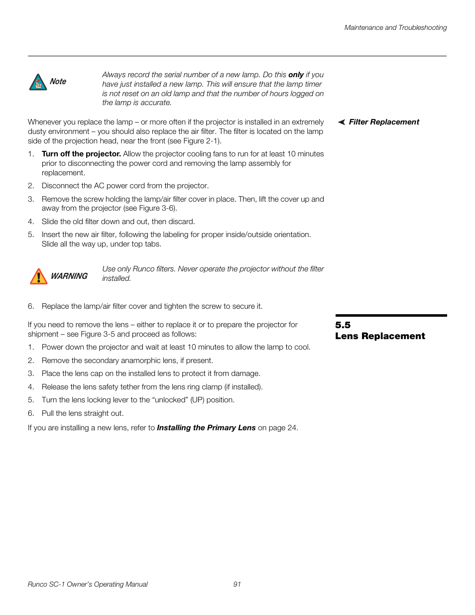 Filter replacement, 5 lens replacement, Lens replacement | Pre l iminar y | Runco SC-1 User Manual | Page 103 / 122