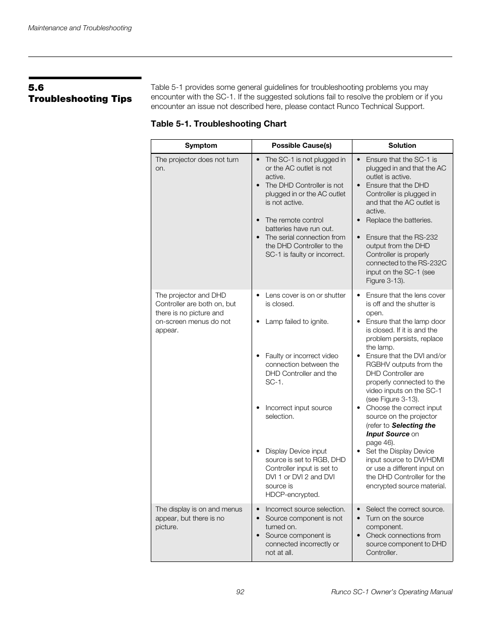 6 troubleshooting tips, Table 5-1 . troubleshooting chart, Troubleshooting tips | Pre l iminar y | Runco SC-1 User Manual | Page 104 / 122