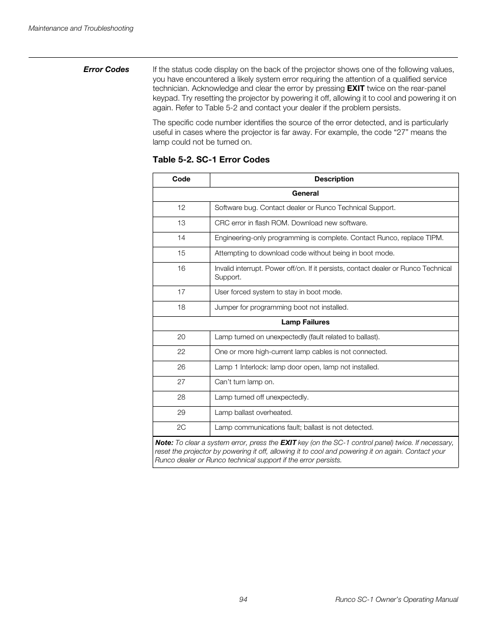 Error codes, Table 5-2 . sc-1 error codes, Pre l iminar y | Runco SC-1 User Manual | Page 106 / 122