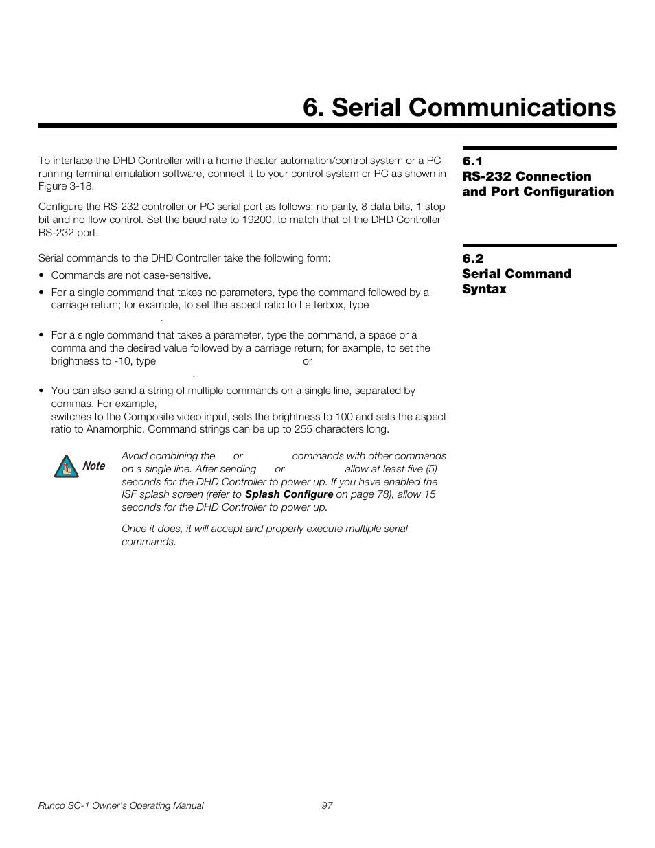 Serial communications, 1 rs-232 connection and port configuration, 2 serial command syntax | Rs-232 connection and port configuration, Serial command syntax, Pre l iminar y | Runco SC-1 User Manual | Page 109 / 122