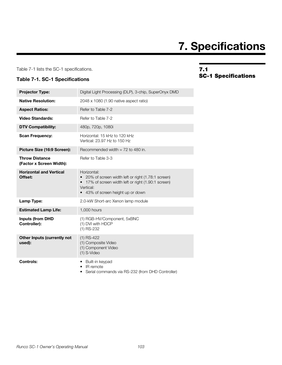 Specifications, 1 sc-1 specifications, Table 7-1 . sc-1 specifications | Sc-1 specifications, Pre l iminar y | Runco SC-1 User Manual | Page 115 / 122