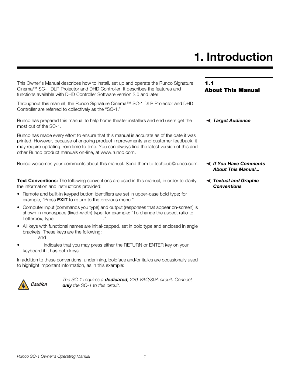 Introduction, 1 about this manual, Target audience | If you have comments about this manual, Textual and graphic conventions, Text conventions, About this manual, Pre l iminar y | Runco SC-1 User Manual | Page 13 / 122