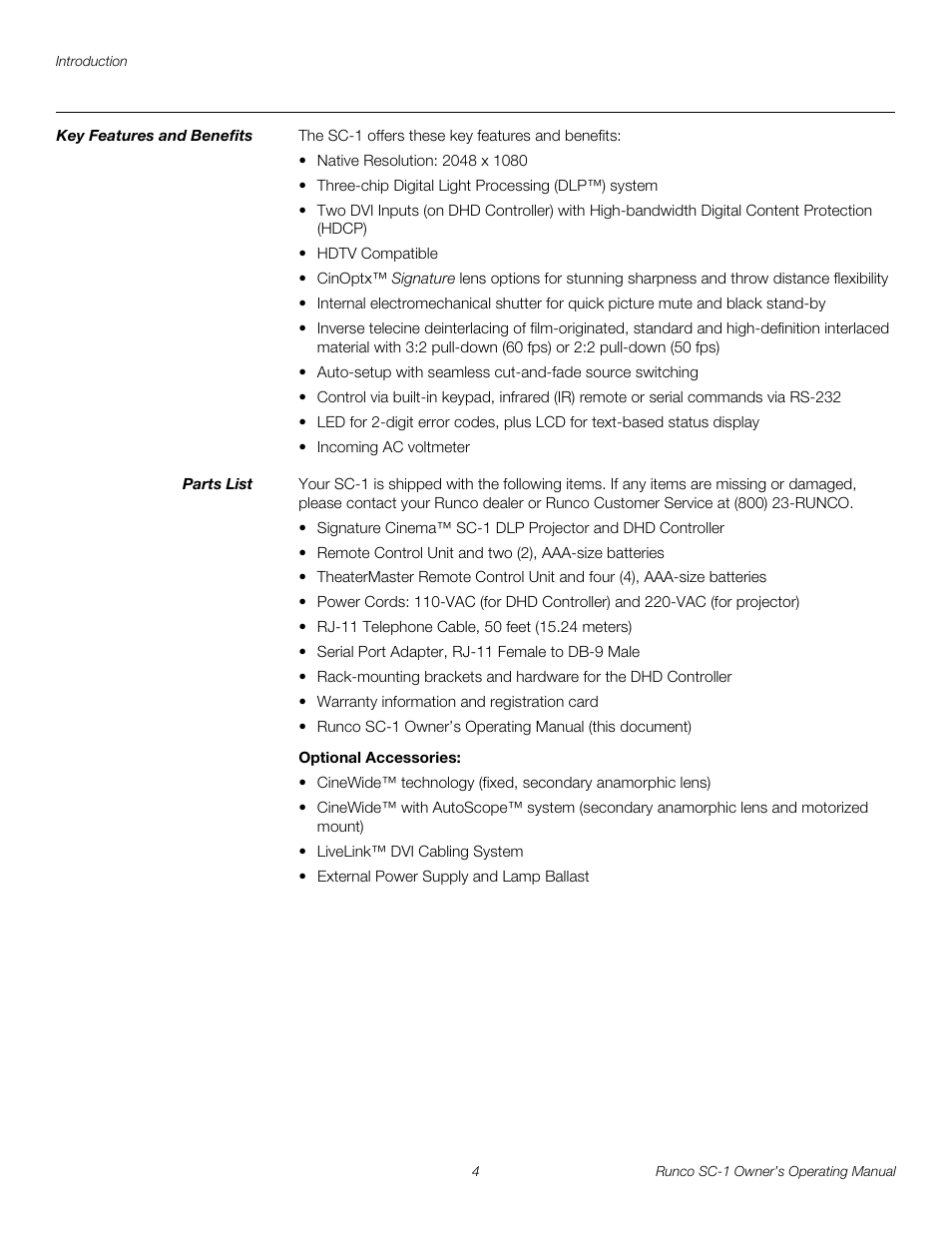 Key features and benefits, Parts list, Optional accessories | Pre l iminar y | Runco SC-1 User Manual | Page 16 / 122