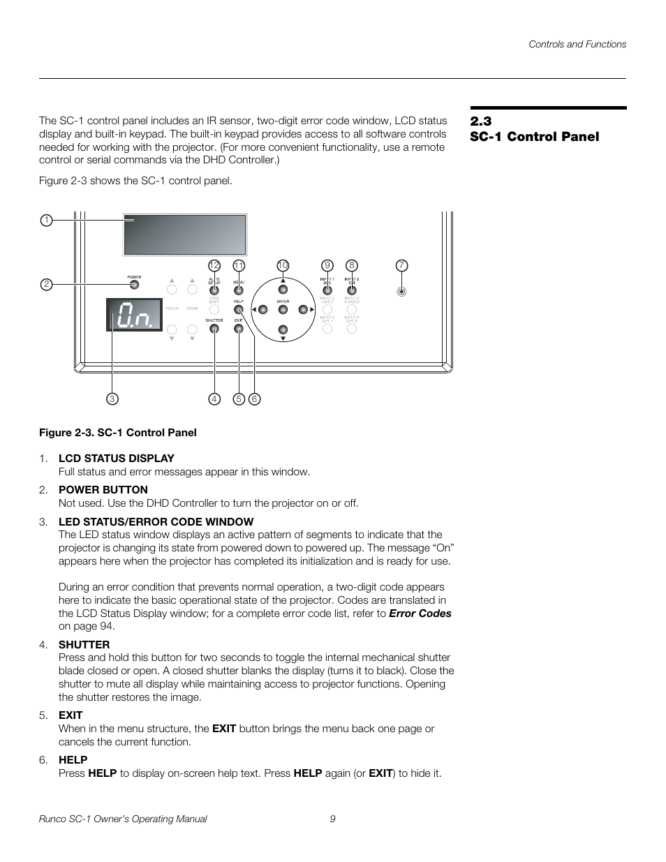 3 sc-1 control panel, Figure 2-3 . sc-1 control panel, Sc-1 control panel | 3. sc-1 control panel, Pre l iminar y | Runco SC-1 User Manual | Page 21 / 122