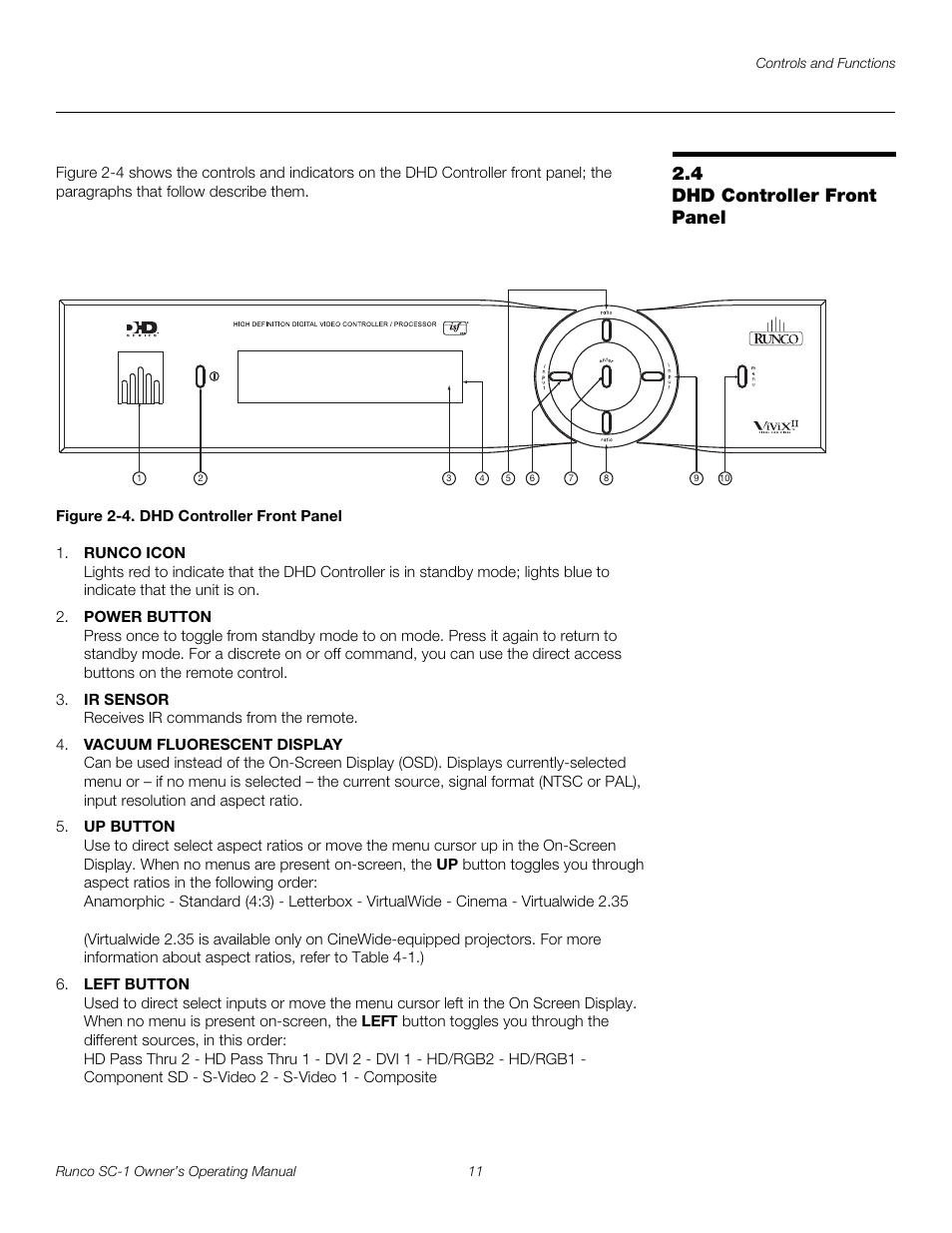 4 dhd controller front panel, Figure 2-4 . dhd controller front panel, Dhd controller front panel | 4. dhd controller front panel, Pre l iminar y | Runco SC-1 User Manual | Page 23 / 122