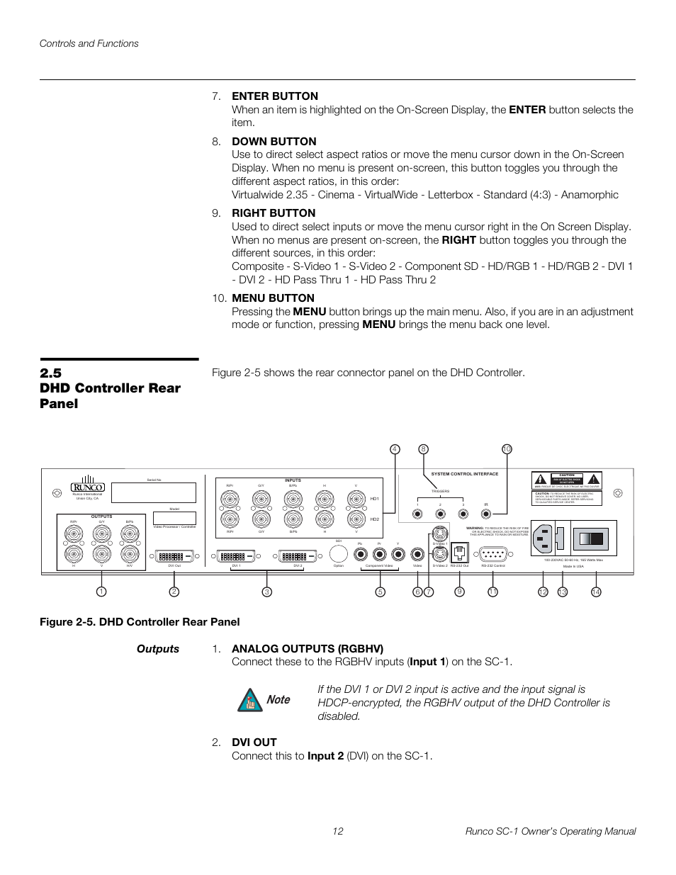 5 dhd controller rear panel, Figure 2-5 . dhd controller rear panel, Outputs | Dhd controller rear panel, 5. dhd controller rear panel, Pre l iminar y | Runco SC-1 User Manual | Page 24 / 122