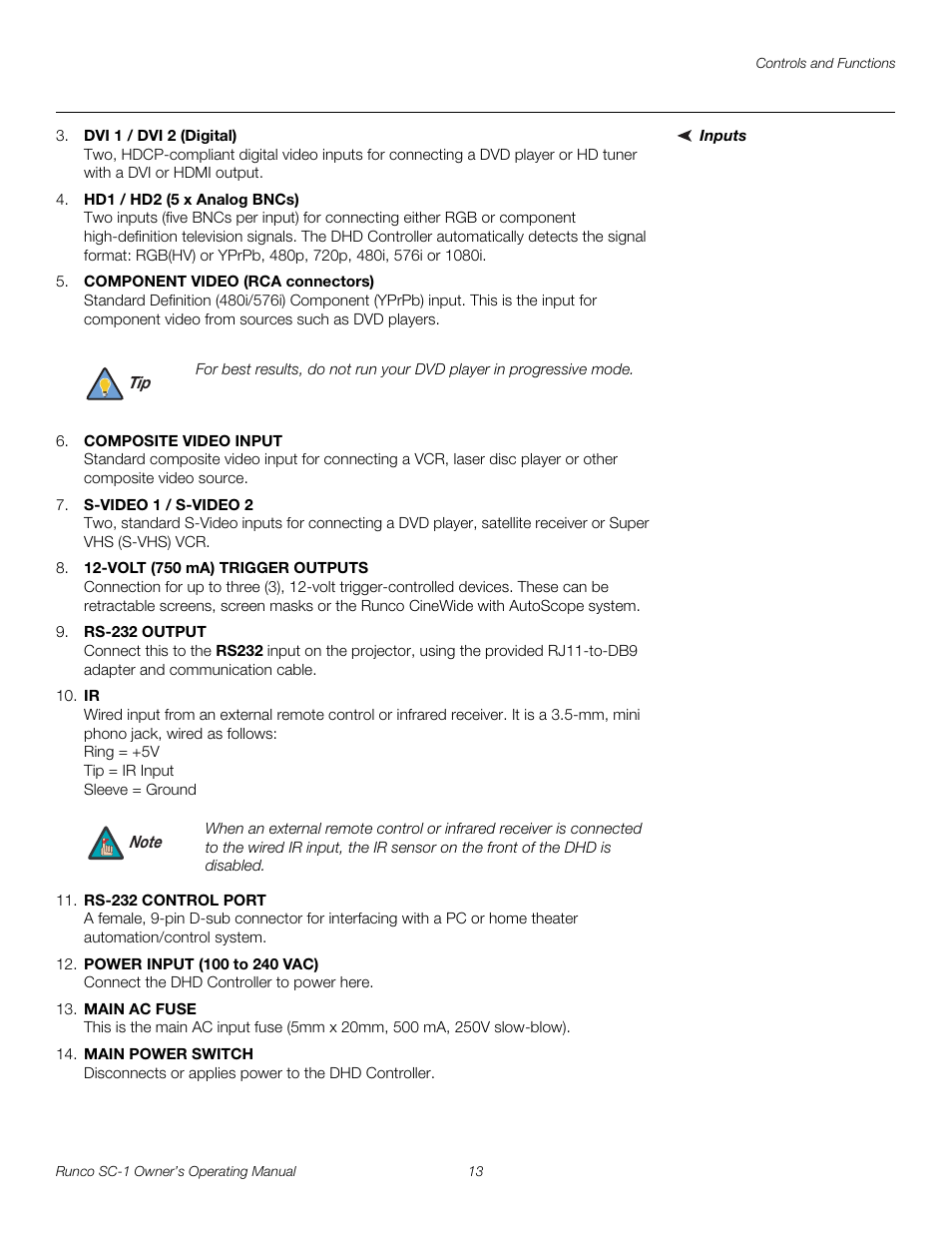 Inputs, Pre l iminar y | Runco SC-1 User Manual | Page 25 / 122