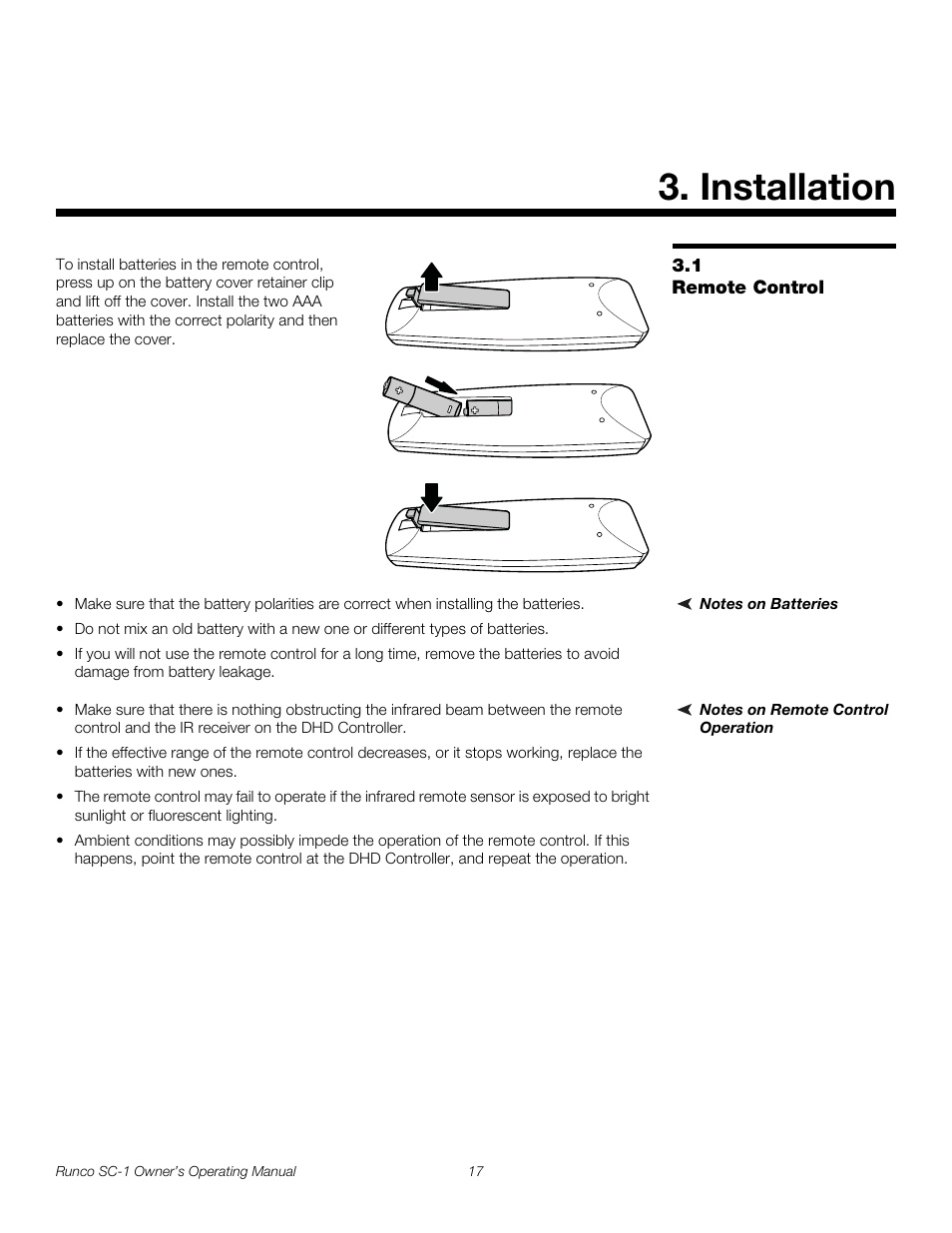 Installation, 1 remote control, Notes on batteries | Notes on remote control operation, Remote control, Pre l iminar y | Runco SC-1 User Manual | Page 29 / 122