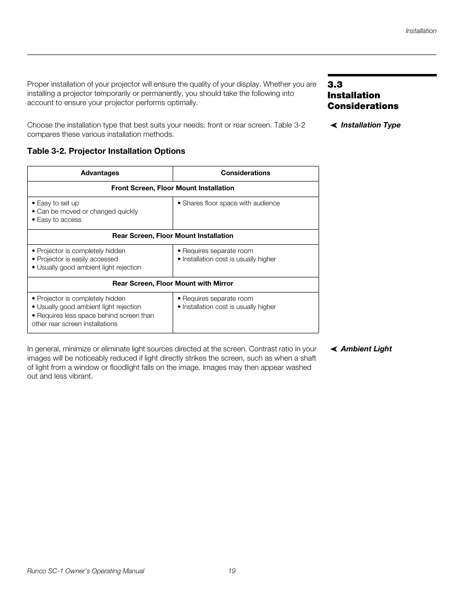 3 installation considerations, Installation type, Table 3-2 . projector installation options | Ambient light, Installation considerations, Pre l iminar y | Runco SC-1 User Manual | Page 31 / 122