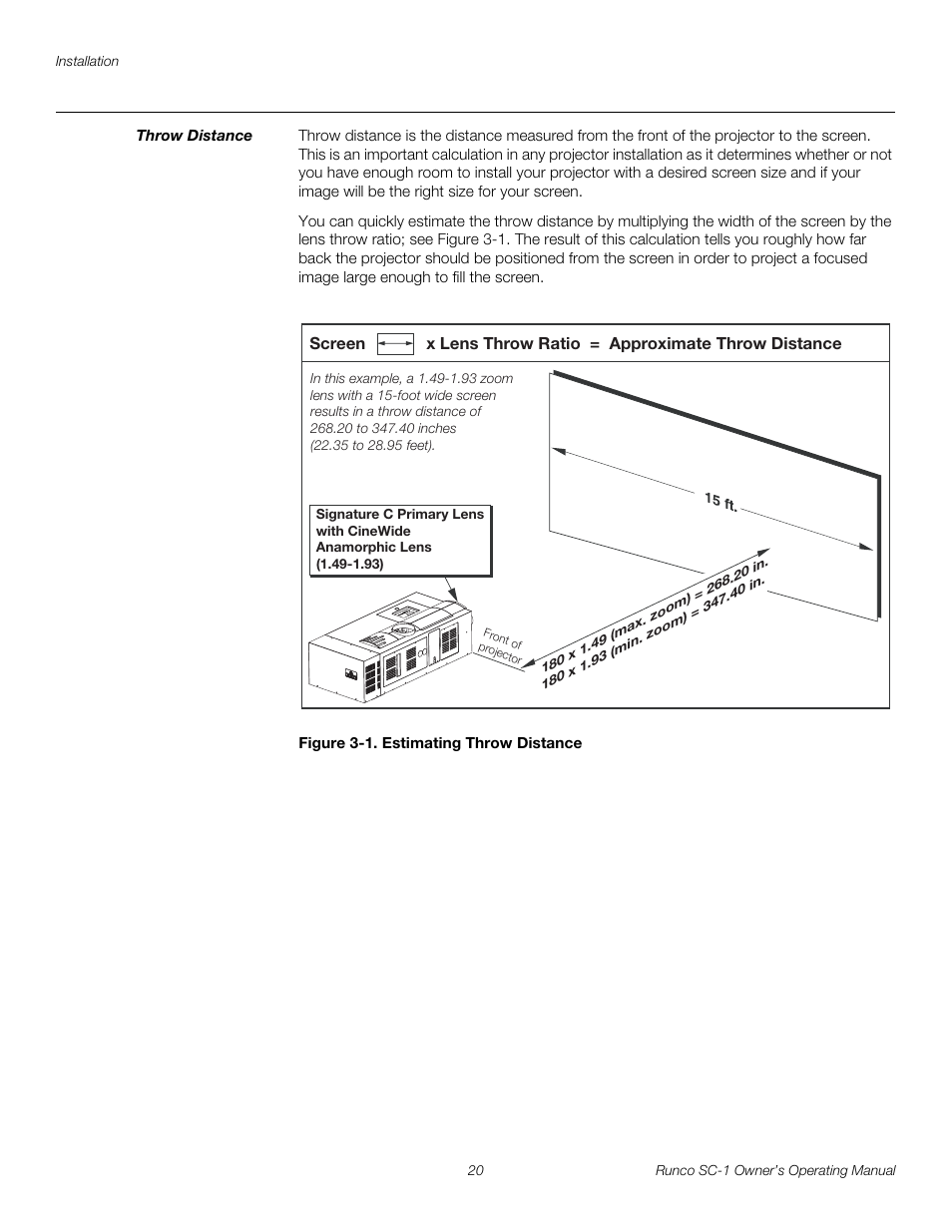 Throw distance, Figure 3-1 . estimating throw distance, 1. estimating throw distance | Pre l iminar y | Runco SC-1 User Manual | Page 32 / 122