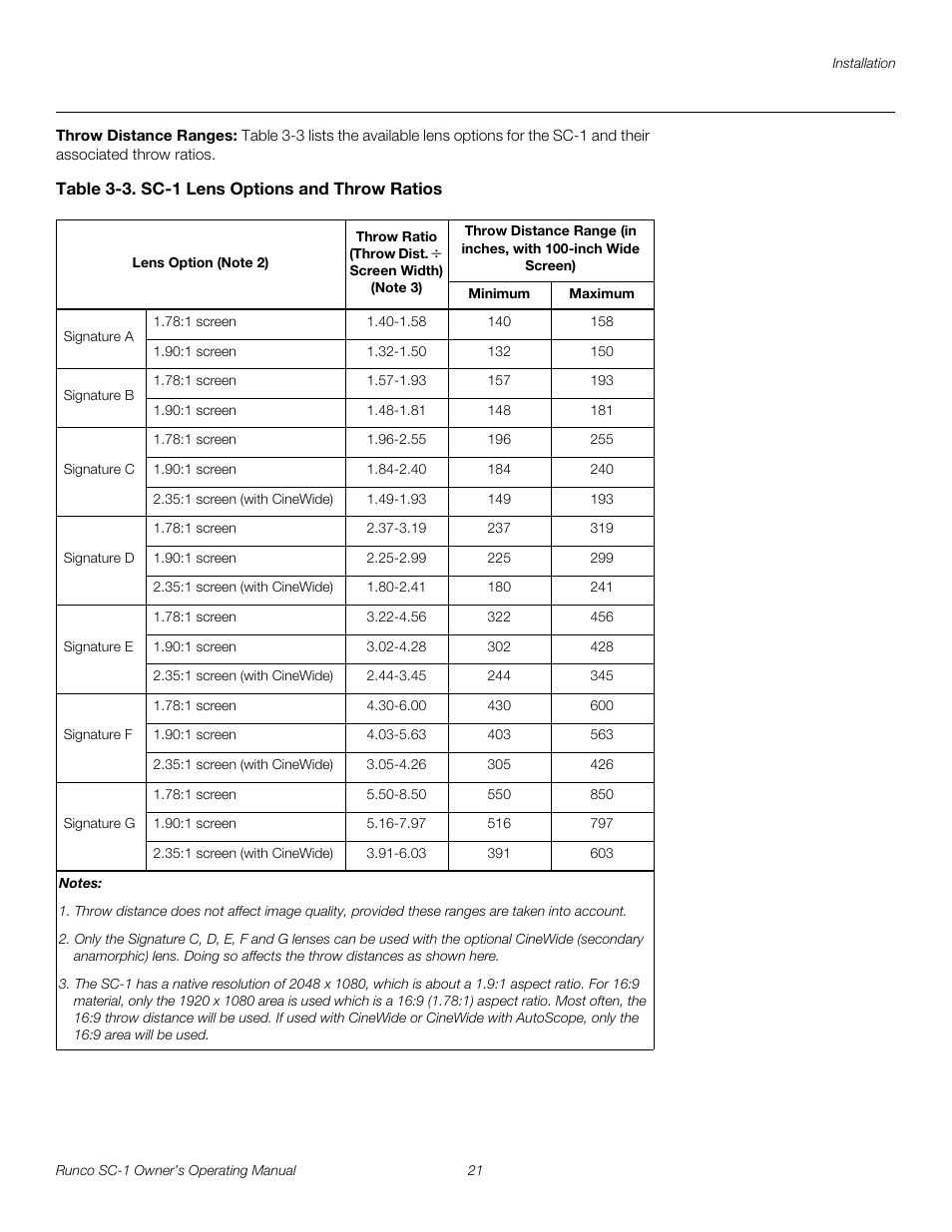 Throw distance ranges, Table 3-3 . sc-1 lens options and throw ratios, Pre l iminar y | Runco SC-1 User Manual | Page 33 / 122