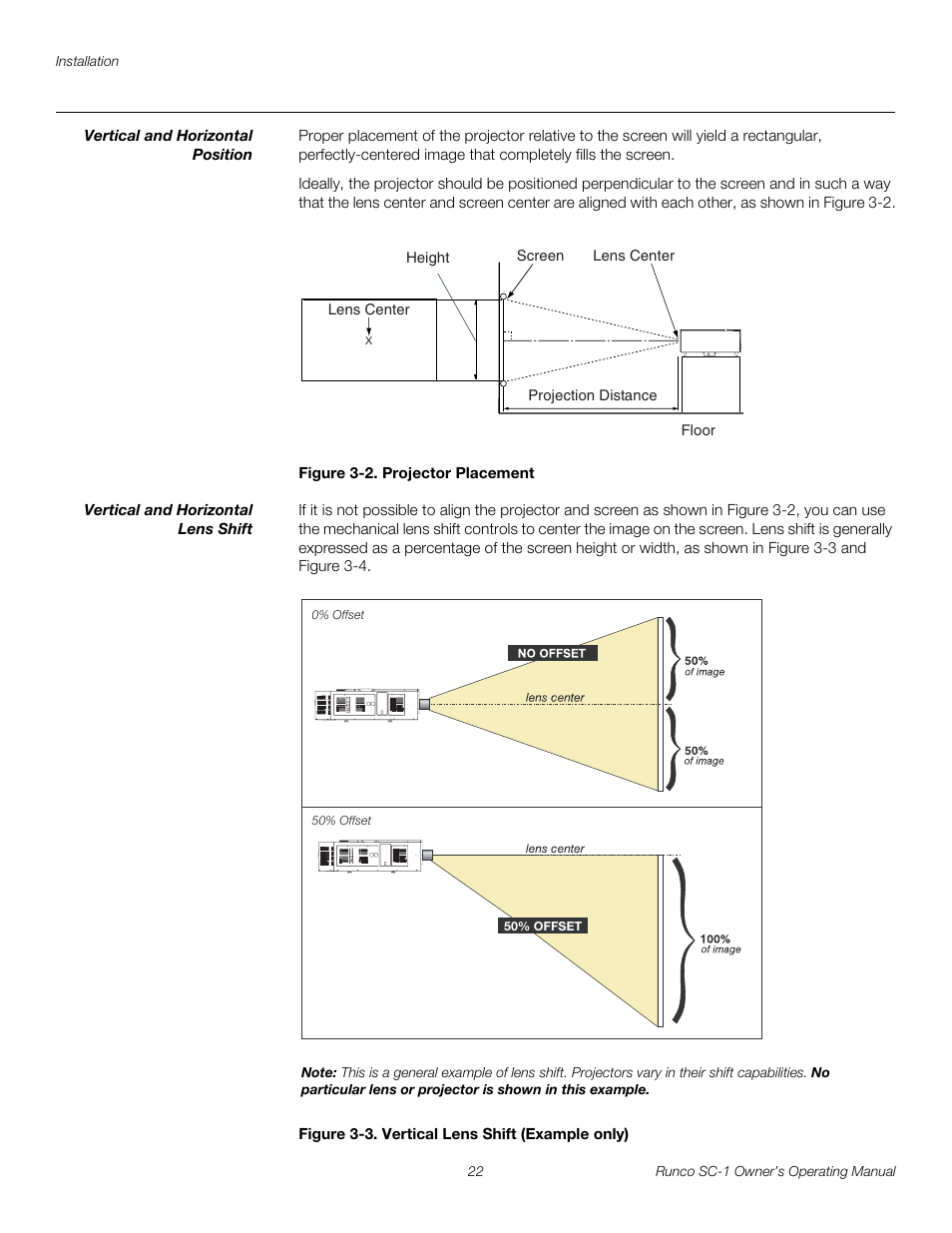 Vertical and horizontal position, Figure 3-2 . projector placement, Vertical and horizontal lens shift | Figure 3-3 . vertical lens shift (example only), 2. projector placement, 3. vertical lens shift (example only), Pre l iminar y | Runco SC-1 User Manual | Page 34 / 122