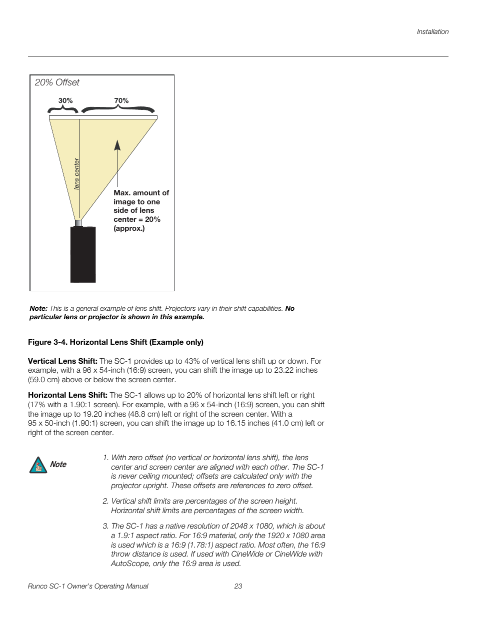 Figure 3-4 . horizontal lens shift (example only), Vertical lens shift, Horizontal lens shift | 4. horizontal lens shift (example only), Figure 3-4, Pre l iminar y | Runco SC-1 User Manual | Page 35 / 122