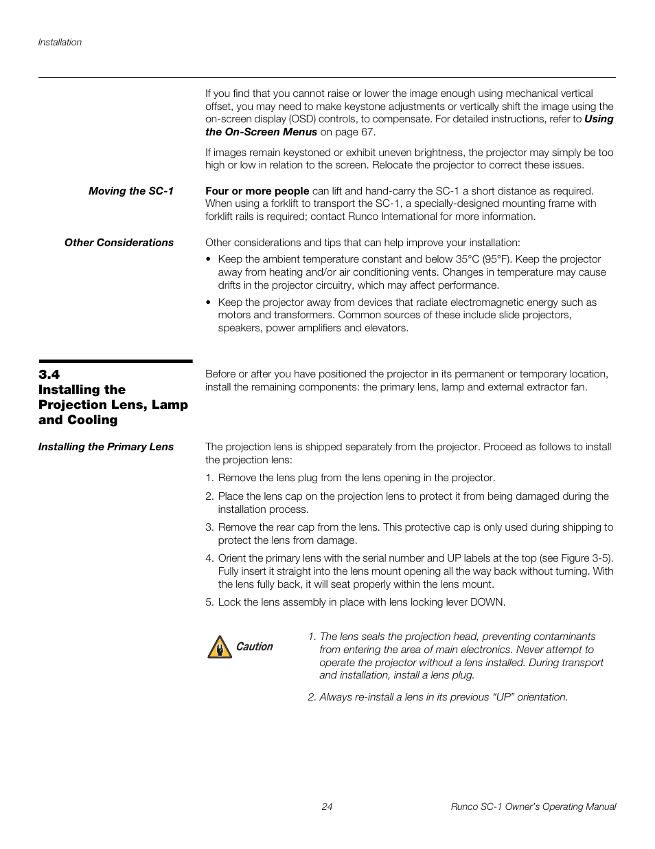 Moving the sc-1, Other considerations, 4 installing the projection lens, lamp and cooling | Installing the primary lens, Installing the projection lens, lamp and cooling, Pre l iminar y | Runco SC-1 User Manual | Page 36 / 122