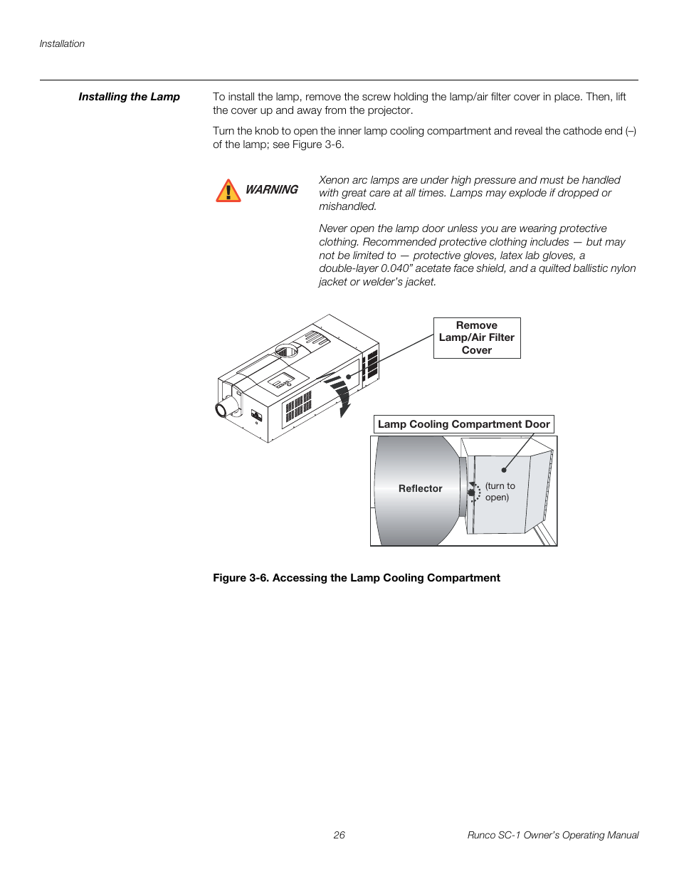 Installing the lamp, 6. accessing the lamp cooling compartment, Pre l iminar y | Runco SC-1 User Manual | Page 38 / 122