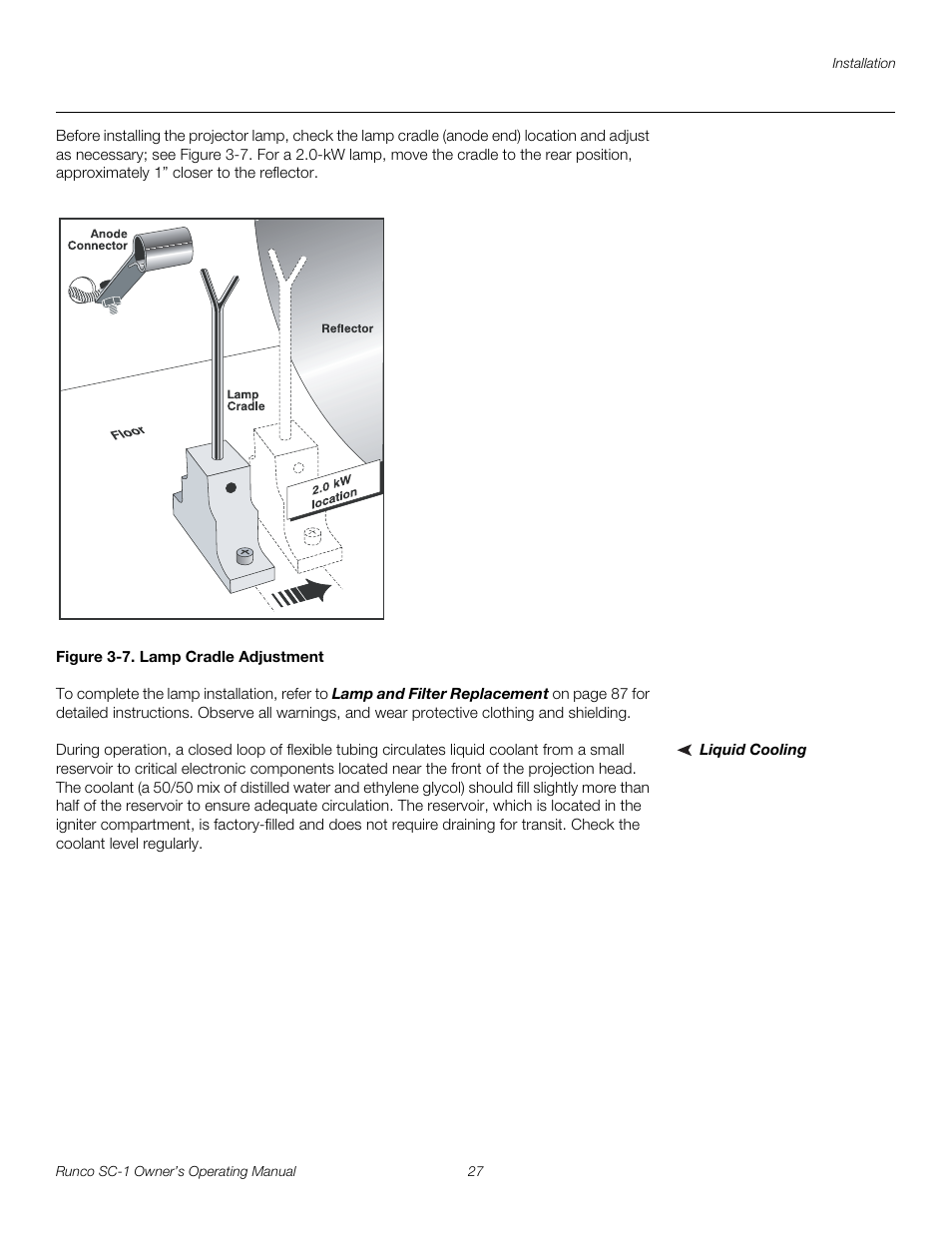 Figure 3-7 . lamp cradle adjustment, Liquid cooling, 7. lamp cradle adjustment | Pre l iminar y | Runco SC-1 User Manual | Page 39 / 122