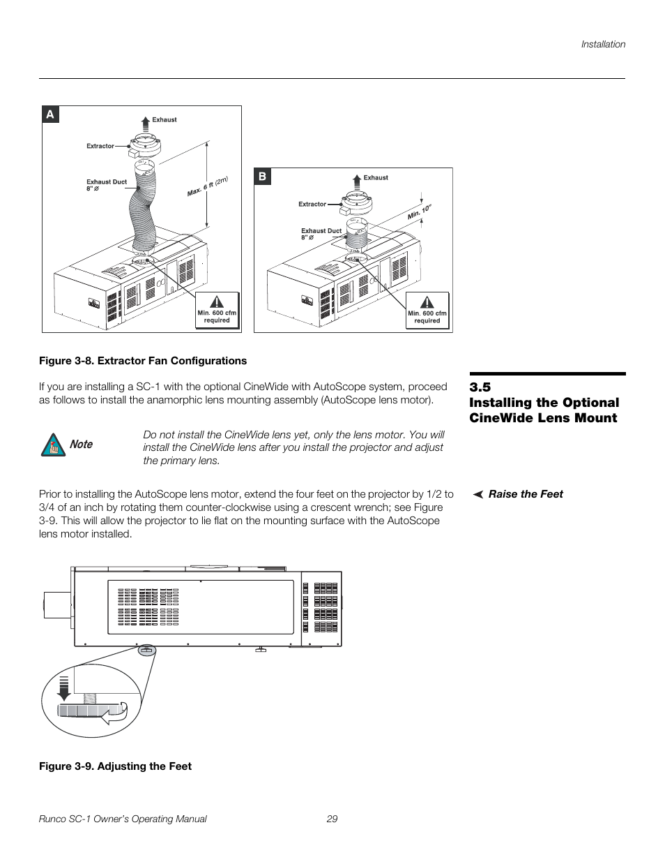 Figure 3-8 . extractor fan configurations, 5 installing the optional cinewide lens mount, Raise the feet | Figure 3-9 . adjusting the feet, Installing the optional cinewide lens mount, Iminar, 8. extractor fan configurations, 9. adjusting the feet, Pre l iminar y | Runco SC-1 User Manual | Page 41 / 122