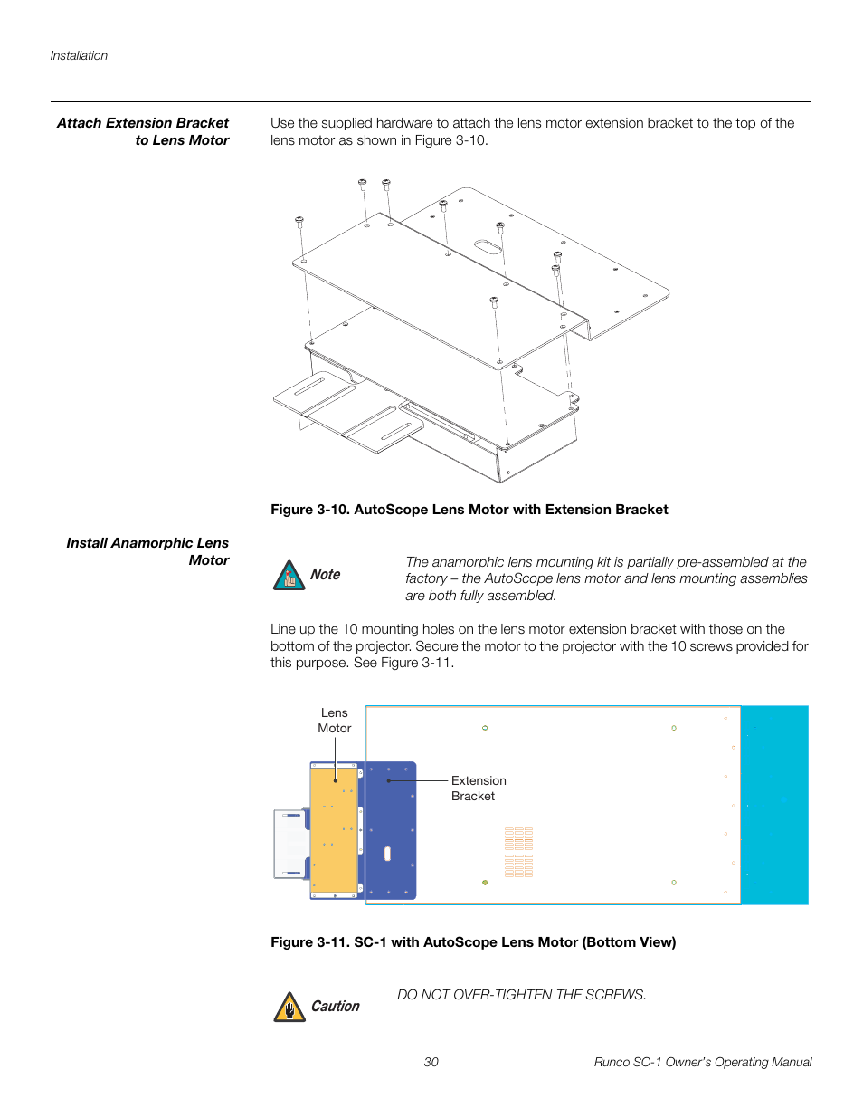 Attach extension bracket to lens motor, Install anamorphic lens motor, 10. autoscope lens motor with extension bracket | 11. sc-1 with autoscope lens motor (bottom view), Pre l iminar y | Runco SC-1 User Manual | Page 42 / 122