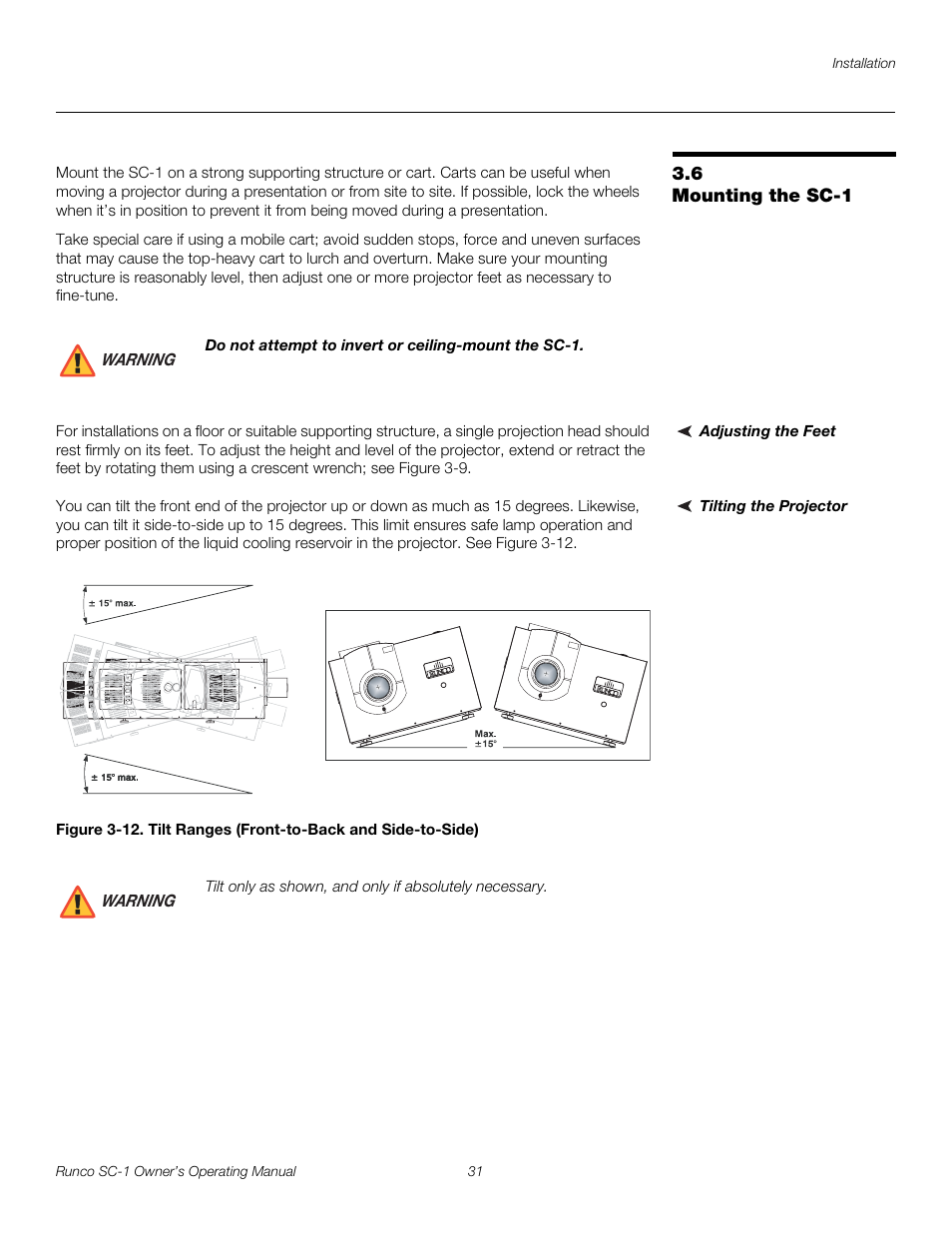 6 mounting the sc-1, Adjusting the feet, Tilting the projector | Mounting the sc-1, 12. tilt ranges (front-to-back and side-to-side), Pre l iminar y | Runco SC-1 User Manual | Page 43 / 122