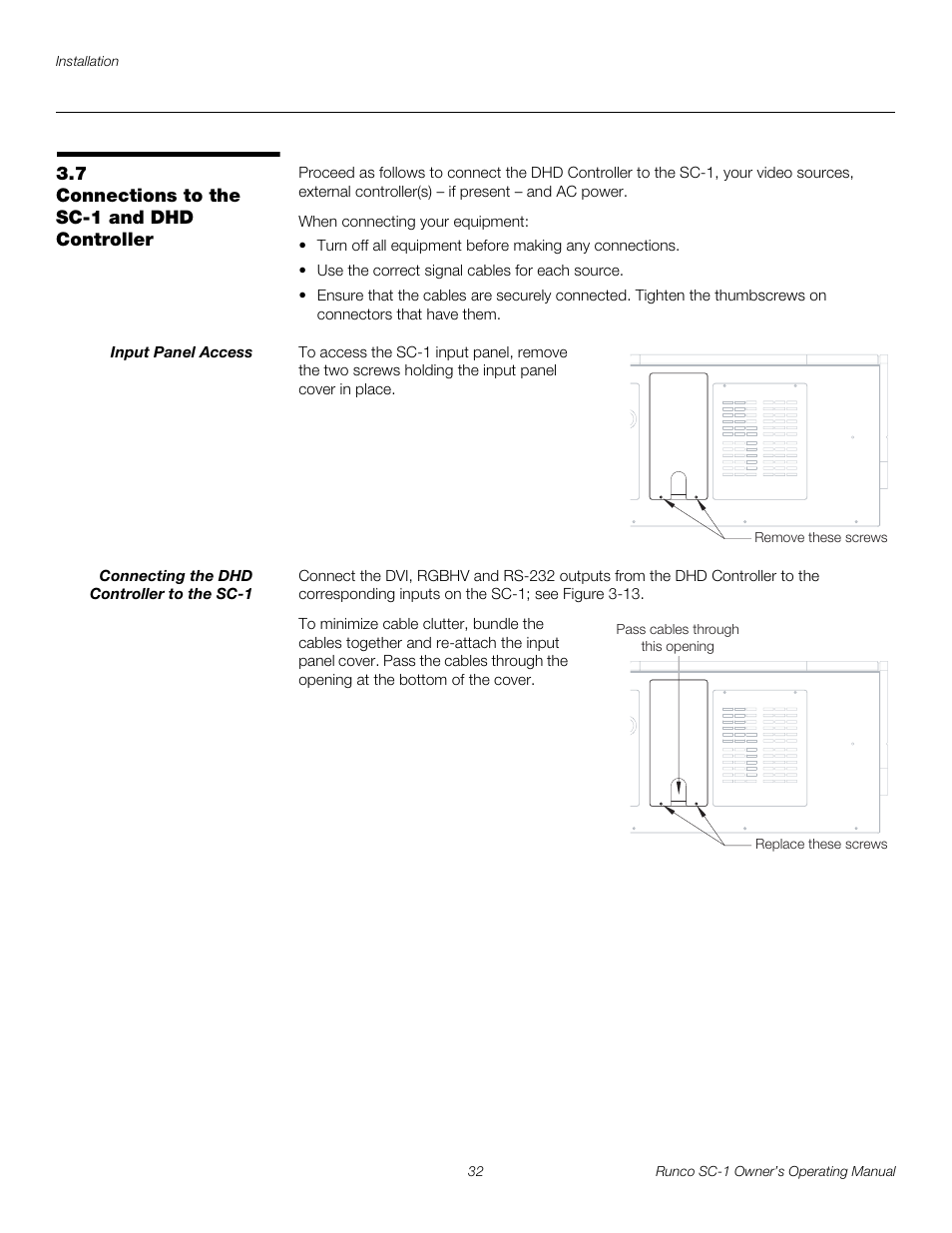 7 connections to the sc-1 and dhd controller, Input panel access, Connecting the dhd controller to the sc-1 | Connections to the sc-1 and dhd controller, Pre l iminar y | Runco SC-1 User Manual | Page 44 / 122