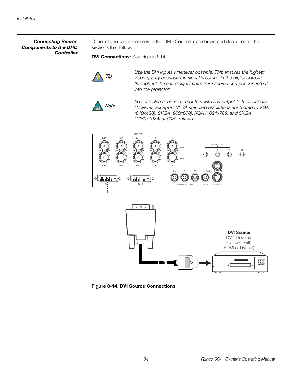 Connecting source components to the dhd controller, Dvi connections, Figure 3-14 . dvi source connections | 14. dvi source connections, Pre l iminar y | Runco SC-1 User Manual | Page 46 / 122