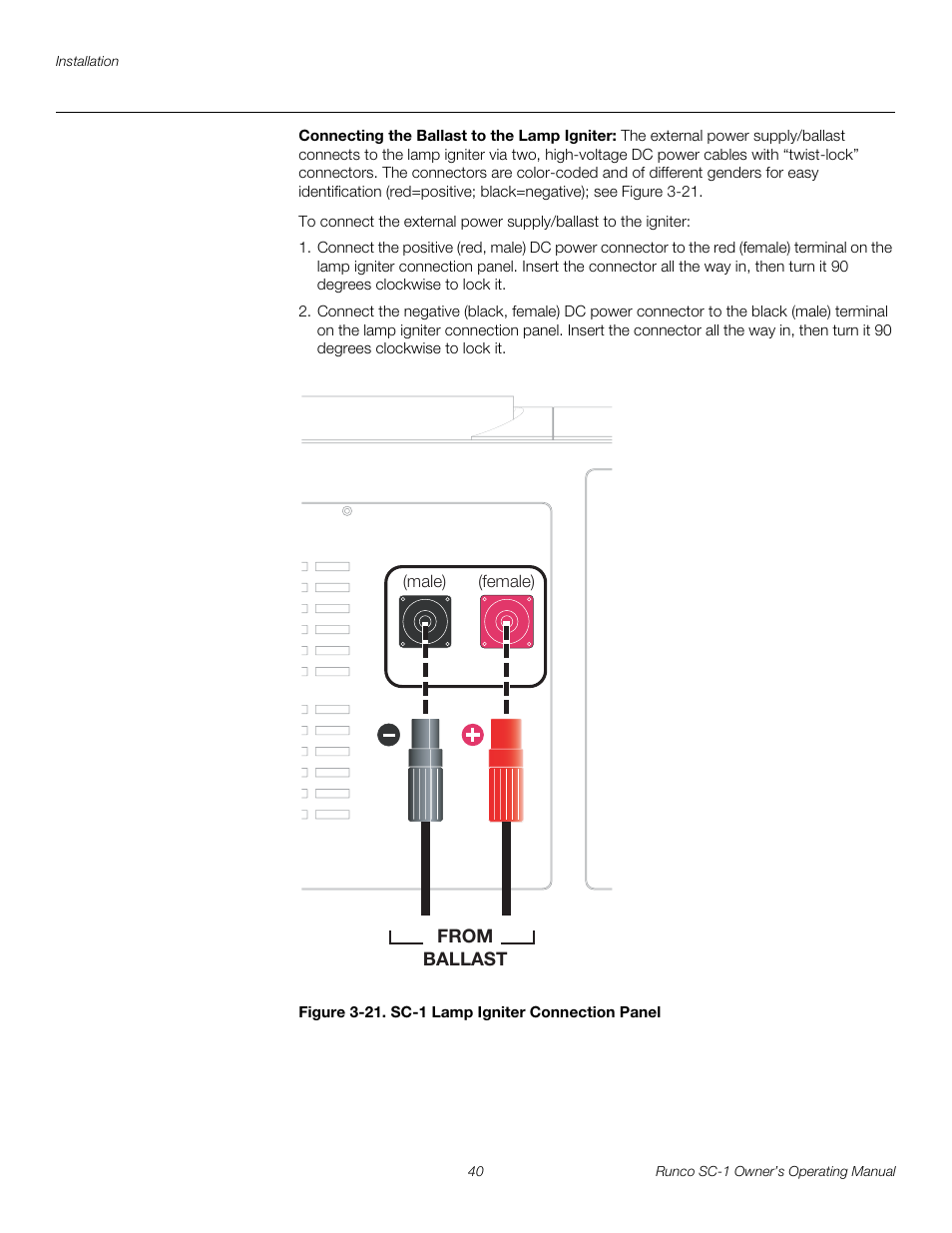 Connecting the ballast to the lamp igniter, Figure 3-21 . sc-1 lamp igniter connection panel, 21. sc-1 lamp igniter connection panel | Pre l iminar y | Runco SC-1 User Manual | Page 52 / 122