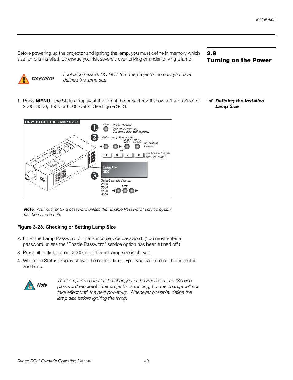 8 turning on the power, Defining the installed lamp size, Figure 3-23 . checking or setting lamp size | Turning on the power, 23. checking or setting lamp size, Pre l iminar y | Runco SC-1 User Manual | Page 55 / 122