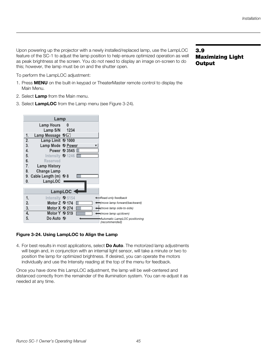 9 maximizing light output, Figure 3-24 . using lamploc to align the lamp, Maximizing light output | 24. using lamploc to align the lamp, Pre l iminar y | Runco SC-1 User Manual | Page 57 / 122