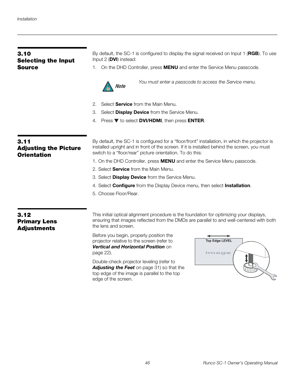 10 selecting the input source, 11 adjusting the picture orientation, 12 primary lens adjustments | Selecting the input source, Adjusting the picture orientation, Primary lens adjustments, Pre l iminar y | Runco SC-1 User Manual | Page 58 / 122