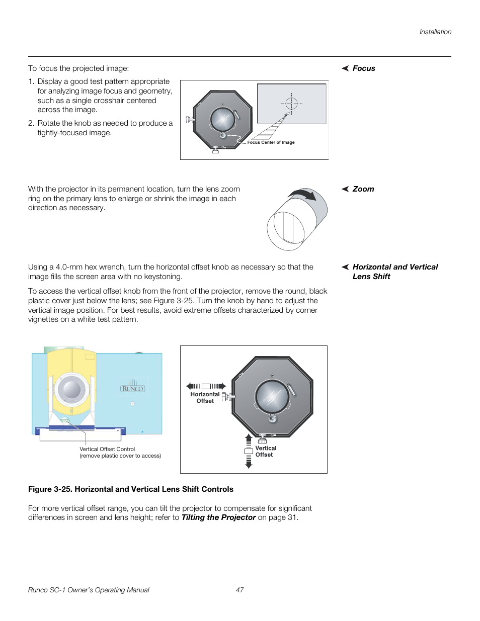 Focus, Zoom, Horizontal and vertical lens shift | 25. horizontal and vertical lens shift controls, Pre l iminar y | Runco SC-1 User Manual | Page 59 / 122