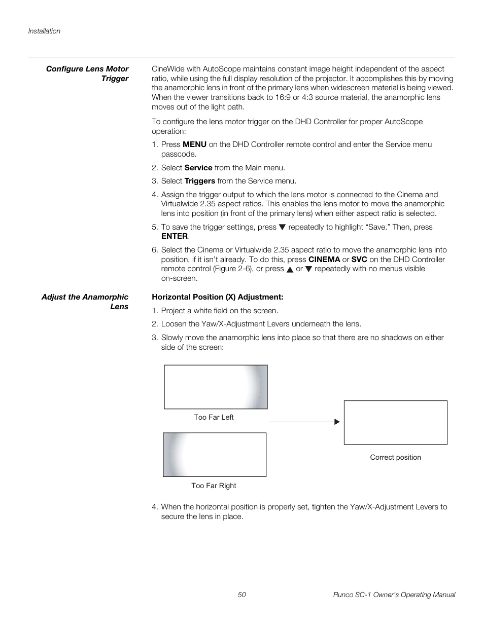 Configure lens motor trigger, Adjust the anamorphic lens, Horizontal position (x) adjustment | Pre l iminar y | Runco SC-1 User Manual | Page 62 / 122