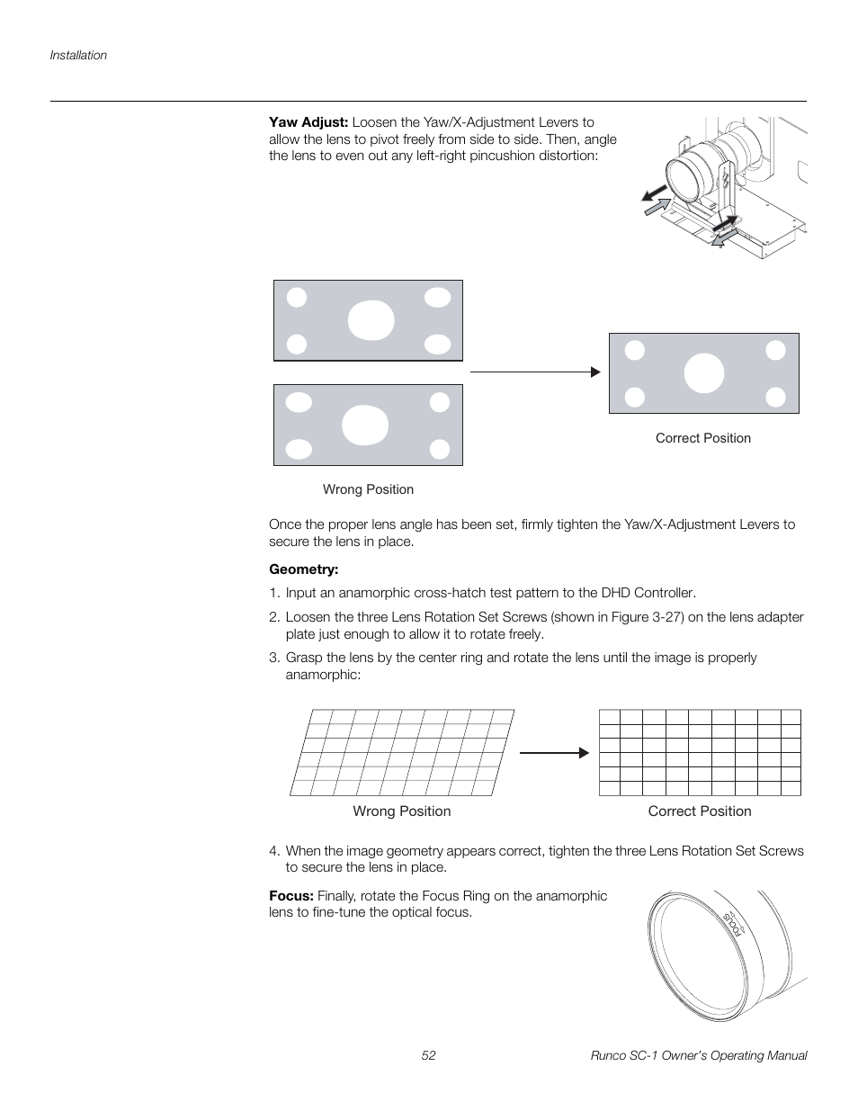 Yaw adjust, Geometry, Focus | Pre l iminar y | Runco SC-1 User Manual | Page 64 / 122
