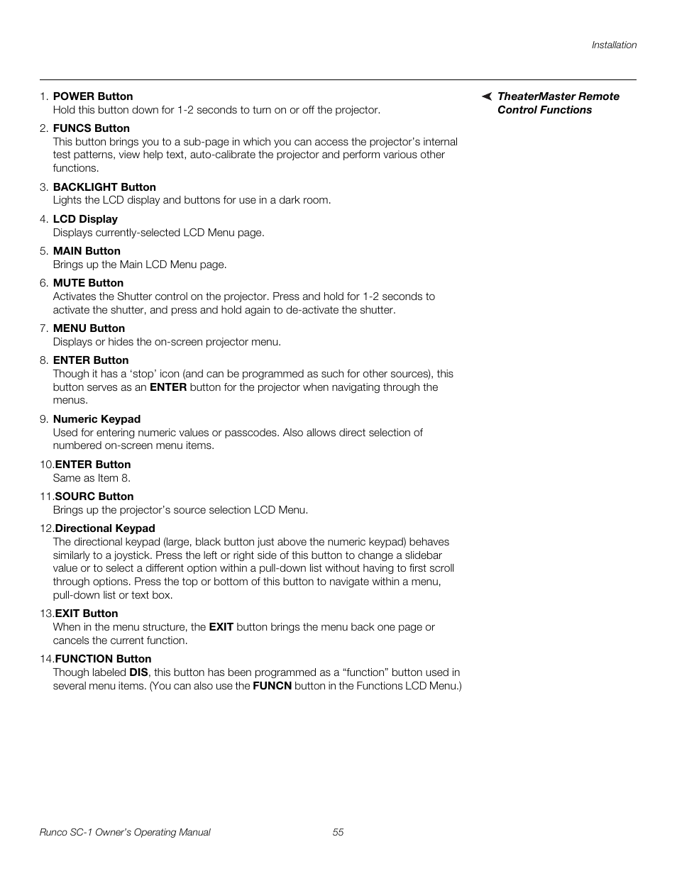 Theatermaster remote control functions, Pre l iminar y | Runco SC-1 User Manual | Page 67 / 122