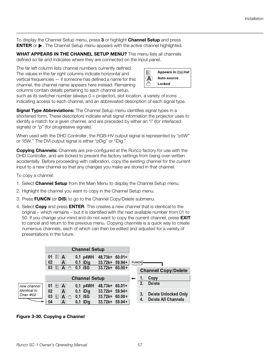 Signal type abbreviations, Copying channels, Figure 3-30 . copying a channel | 30. copying a channel, Pre l iminar y | Runco SC-1 User Manual | Page 69 / 122