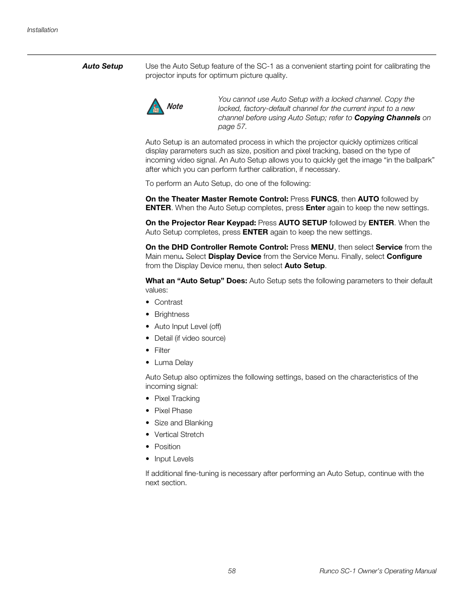 Auto setup, On the theater master remote control, On the projector rear keypad | On the dhd controller remote control, What an “auto setup” does, Pre l iminar y | Runco SC-1 User Manual | Page 70 / 122