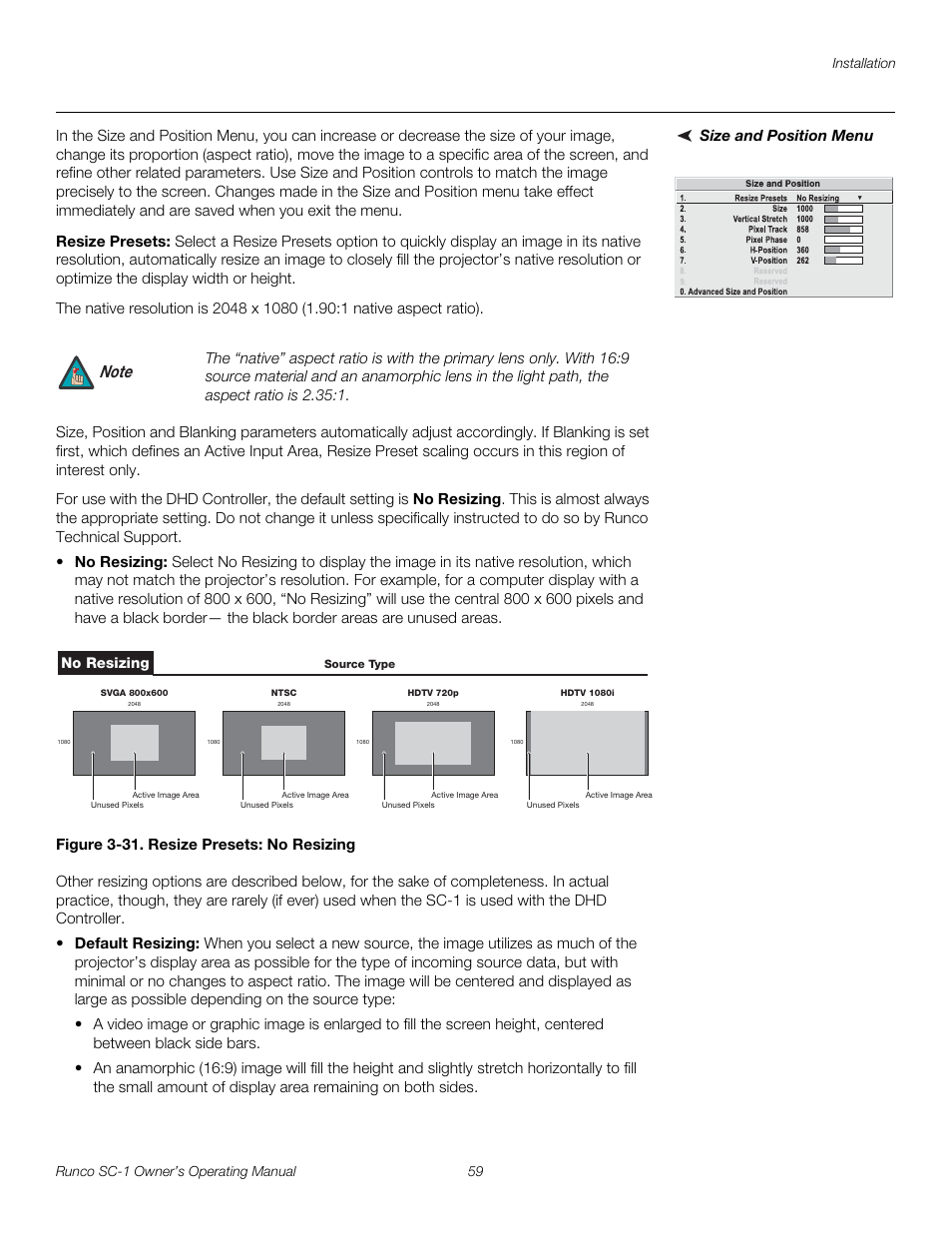 Size and position menu, Resize presets, Figure 3-31 . resize presets: no resizing | 31. resize presets: no resizing, Pre l iminar y | Runco SC-1 User Manual | Page 71 / 122