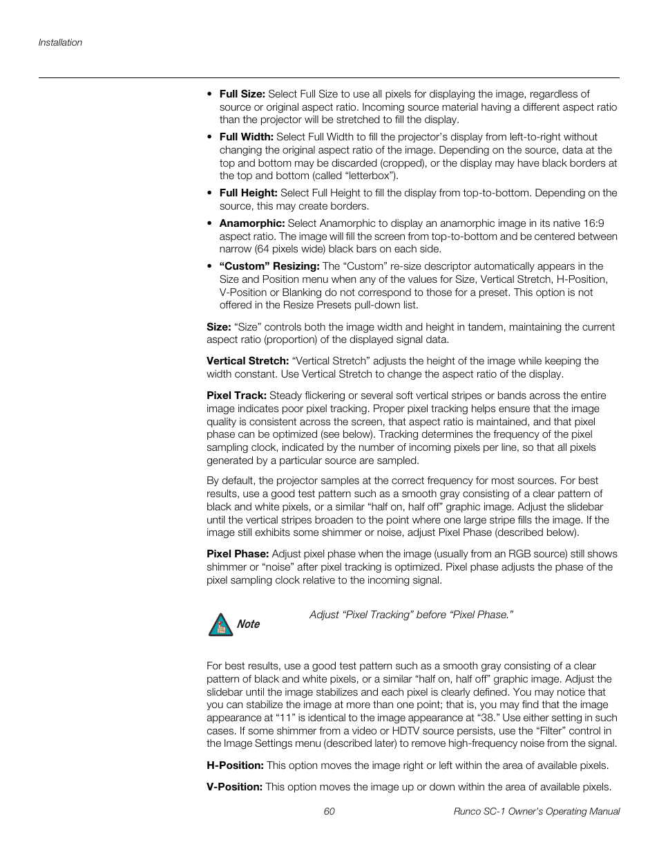 Size, Vertical stretch, Pixel track | Pixel phase, H-position, V-position, Pre l iminar y | Runco SC-1 User Manual | Page 72 / 122