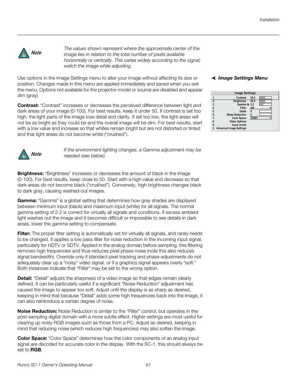Image settings menu, Contrast, Brightness | Gamma, Filter, Detail, Noise reduction, Color space, Pre l iminar y | Runco SC-1 User Manual | Page 73 / 122