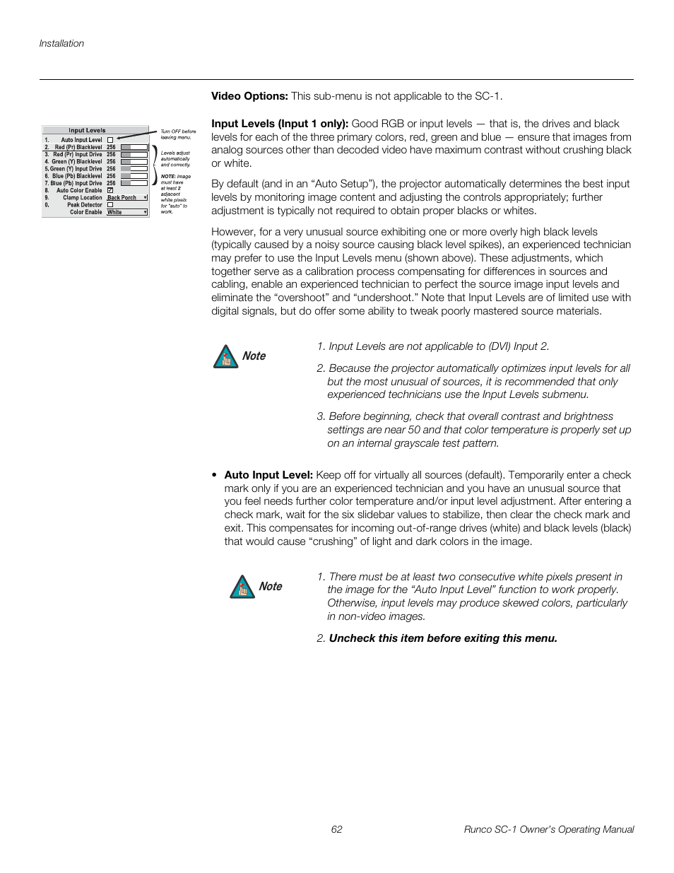 Video options, Input levels (input 1 only), Pre l iminar y | Runco SC-1 User Manual | Page 74 / 122