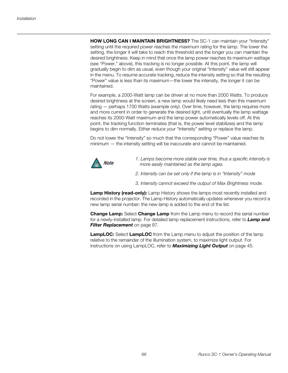 Lamp history (read-only), Change lamp, Lamploc | Pre l iminar y | Runco SC-1 User Manual | Page 78 / 122