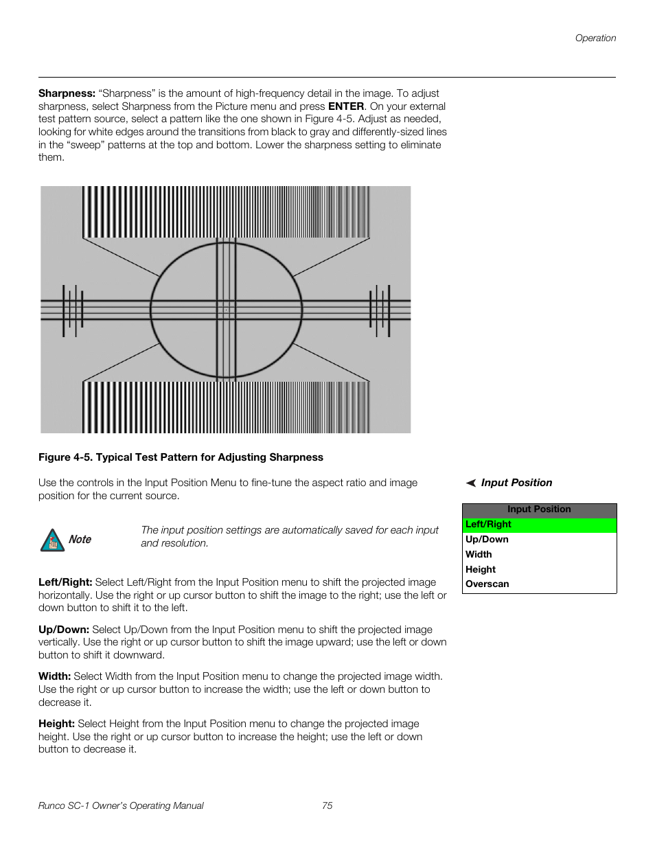 Sharpness, Input position, Left/right | Up/down, Width, Height, 5. typical test pattern for adjusting sharpness, Pre l iminar y | Runco SC-1 User Manual | Page 87 / 122