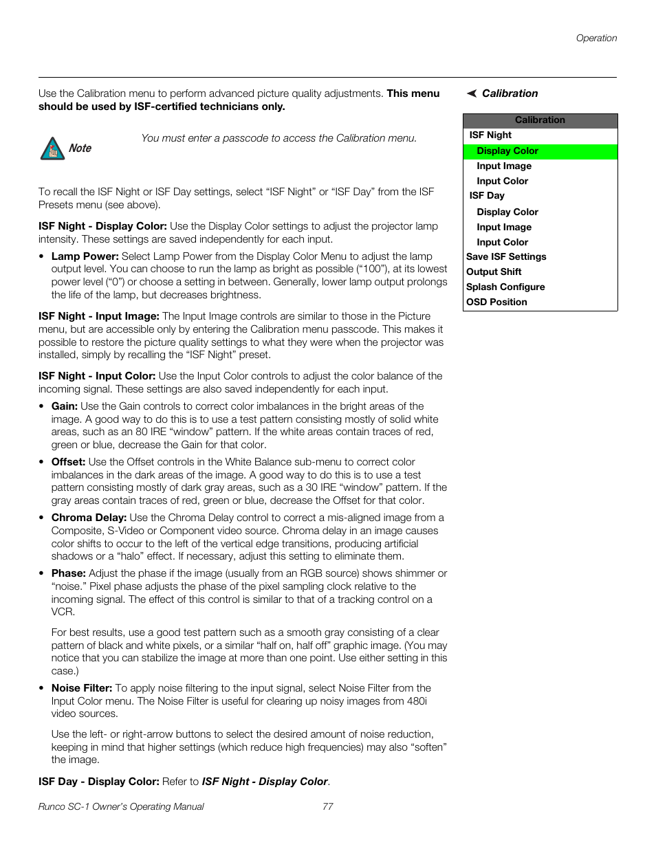 Calibration, Isf night - display color, Isf night - input image | Isf night - input color, Isf day - display color, Pre l iminar y | Runco SC-1 User Manual | Page 89 / 122
