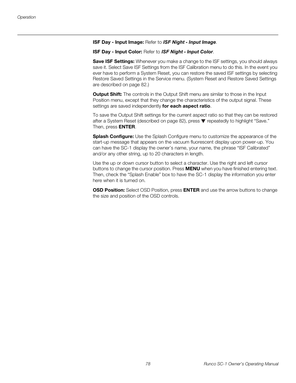 Isf day - input image, Isf day - input color, Save isf settings | Output shift, Splash configure, Osd position, Pre l iminar y | Runco SC-1 User Manual | Page 90 / 122