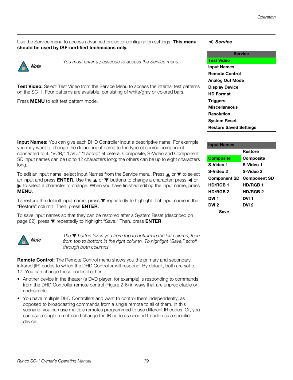 Service, Test video, Input names | Remote control, Pre l iminar y | Runco SC-1 User Manual | Page 91 / 122